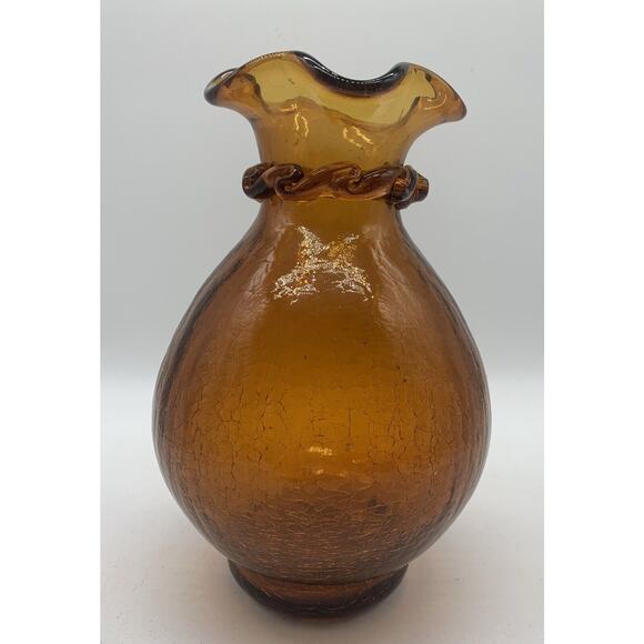 Vintage Pilgrim Amber Crackle Glass Ruffle Top Applied Rigaree 9” Vase - Picture 1 of 6